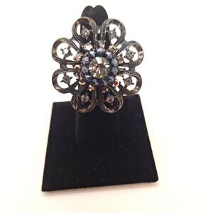 Stretch Statement Ring Clear & Black Rhinestones Gunmetal Tone